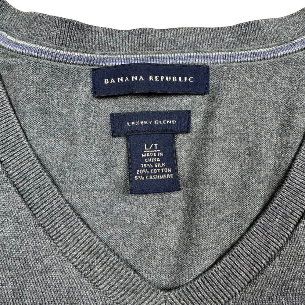 Banana Republic Luxury Blend Gray V-Neck Sweater Silk‎ Cotton Cashmere Mens L/T